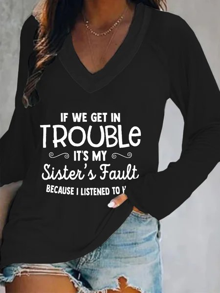 

Casual Long Sleeve V Neck Plus Size Printed Tops T-shirts, Black, T-Shirts
