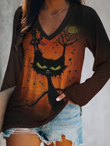 

Casual Long Sleeve V Neck Printed Top, As picture, T-Shirts