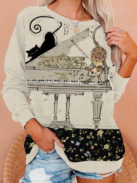 Piano Cats Women's Neck Sweatshirt, As picture, Hoodies&Sweatshirts