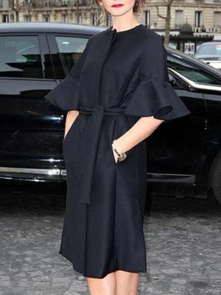 

Crew Neck Solid Lady Loosen Outerwear, Black, Coats