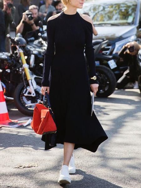 

Elegant Long Sleeve Simple Sweater Dress, Black, Midi Dresses