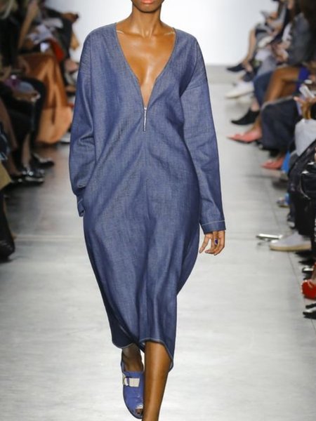 

Casual Long Sleeve Plain Dresses, Blue, Midi Dresses