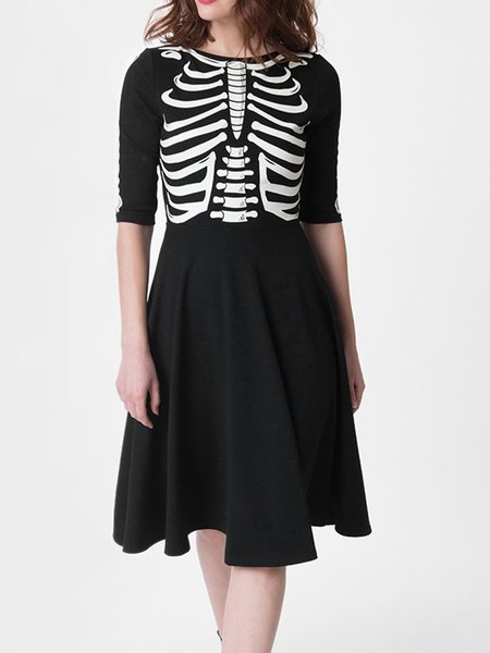 

Elegant Half sleeve Crew Neck Skull Dress, Black, Mini Dresses