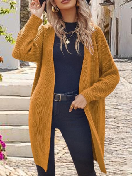 

Notched Solid Wool/Knitting Outerwear, Yellow, Cardigans