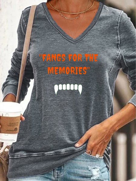

Fangs for the memories V-neck long-sleeved sweatshirt, Gray, Hoodies&Sweatshirts