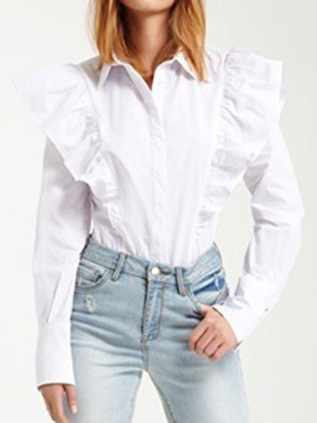 

Elegant Long sleeve Shirt Collar Solid Shirt, White, Blouses and Shirts