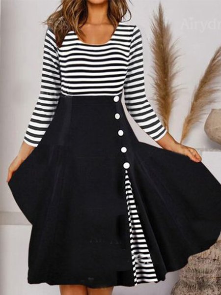 

Elegant Striped Buttoned Dresses, Black-white, Midi Dresses