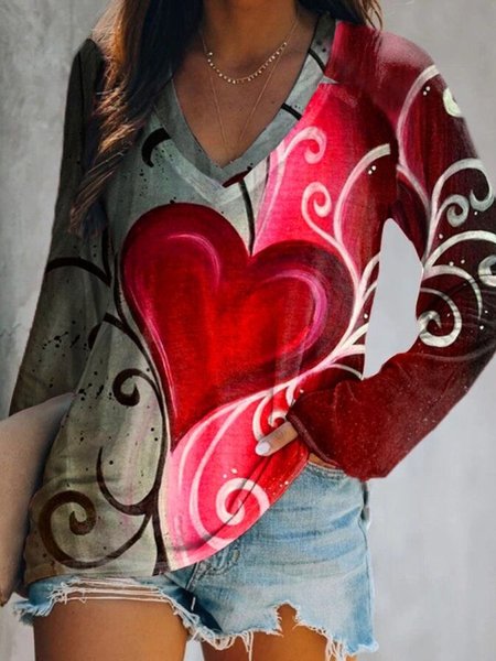 

Casual Long Sleeve V Neck Plus Size Printed Tops T-shirts, Gray, T-Shirts