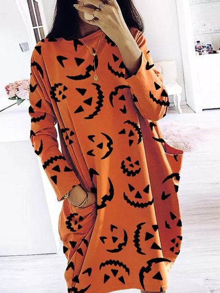 

Casual Long Sleeve Crew Neck Printed Knitting Dress, Orange, Mini Dresses