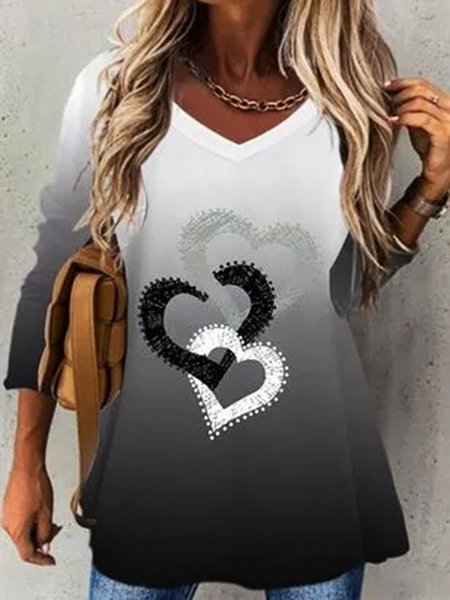 

Printed Casual V Neck Long sleeve Shirts & Tops, Black, T-Shirts