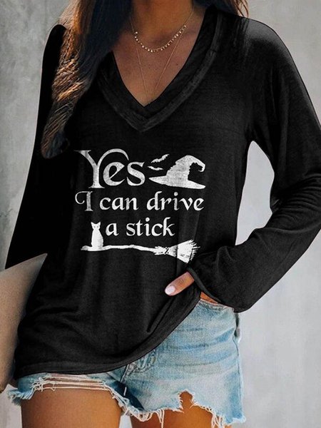 

Vintage V Neck Letter T-shirt, Black, T-Shirts