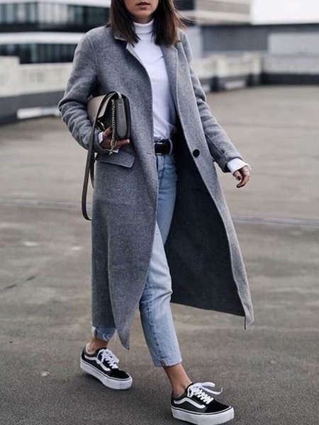 

Elegant Solid Lapel Long Sleeve Outerwear, Gray, Coats & Jackets