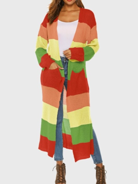 

Fall Striped Simple Loosen High Stretch Mid-weight V neck Outerwear, Green, Cardigans