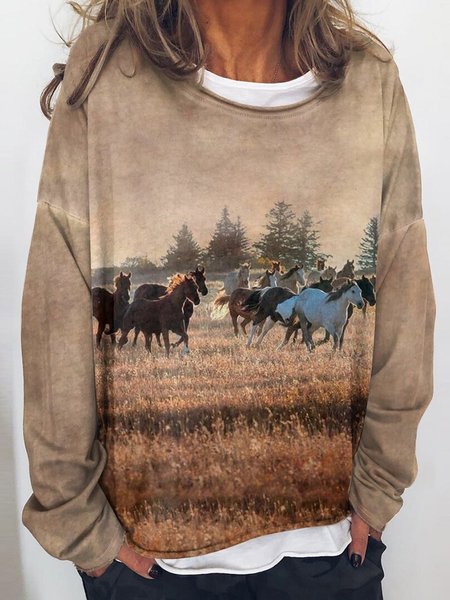 

West Styles/Cows Printed Round Neck Loosen Shirts & Tops, Khaki, Hoodies & Sweatshirts