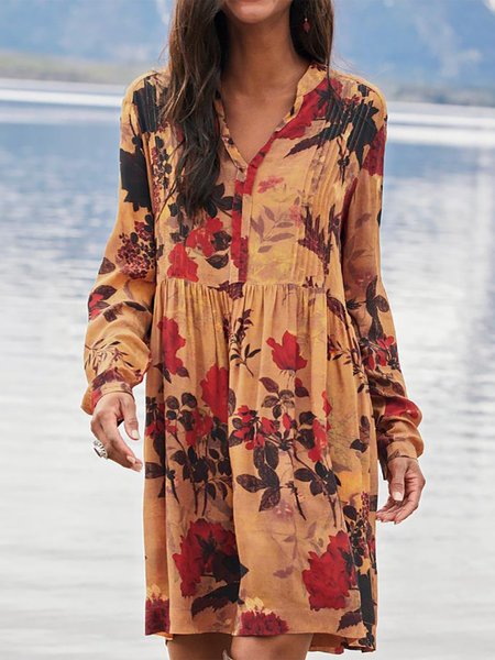 

Floral Simple Off Shoulder V Neck Dresses, Yellow, Mini Dresses