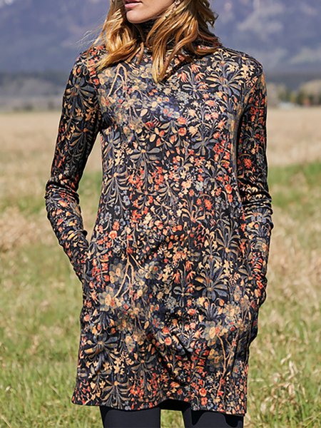 

High Neck Vintage Cotton Blends Raglan Sleeve Shirts & Tops, Multicolor, Tunics