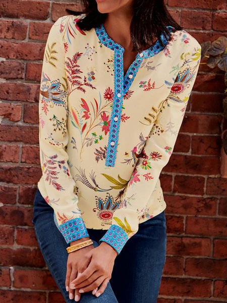 

Floral Printed Boho Casual Long Sleeve Round Neck Top, Yellow, Tops