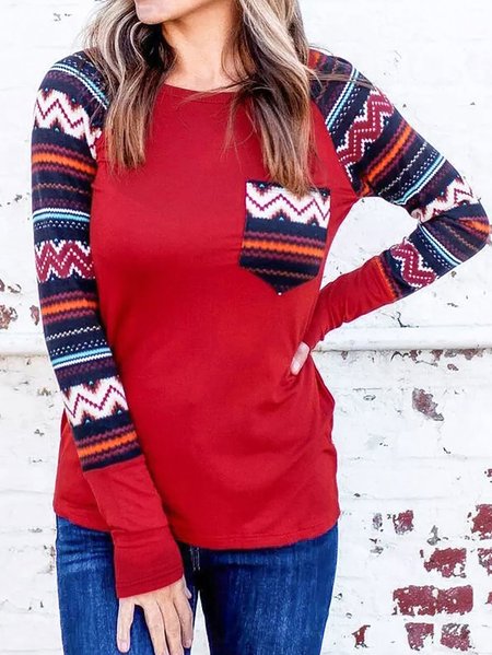 

Casual Raglan Sleeve Aztec Geometric Patchwork Tops with Pocket, Red, Auto-clearance