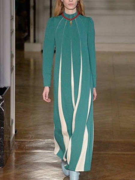 

Casuale Maniche Lunghe Girocollo Abito, Verde, Maxi Dresses