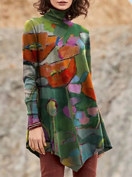 

Abstract Cotton Blends High Neck Shirt & Top, Green, Long sleeve tops