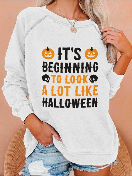 Halloween Printed Crew Neck Sweatshirt, White, Hoodies&Sweatshirts