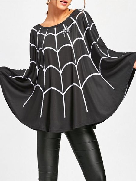

Crew Neck Batwing Simple Loosen Halloween Top, Black, Tops