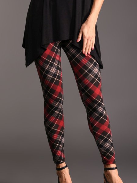 

JFN Elastic Waist Checked Printed Vintage Leggings, Red, Leggings