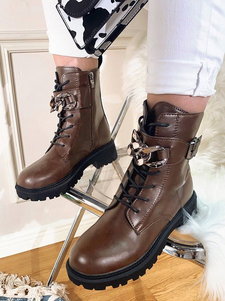 

Simple Metal Chain Zipper Martin Boots, Brown, Boots