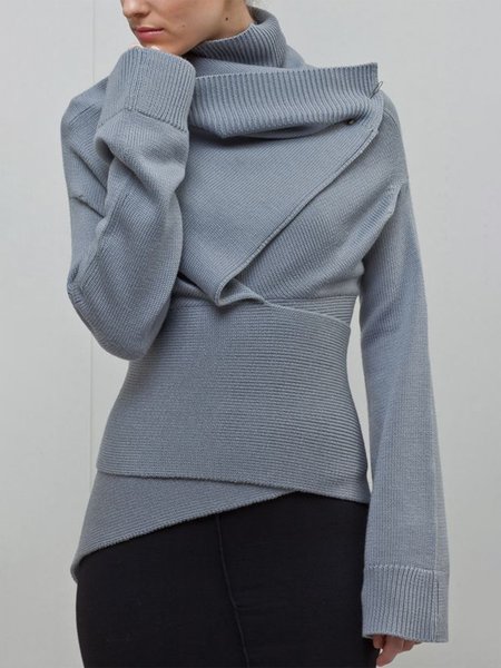 

Elegant High Neck Daily Plain Sweater, Gray, Pullovers