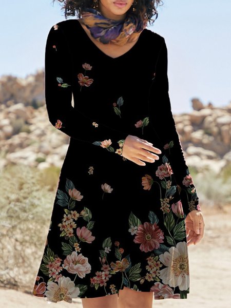

Vacation Floral Printed Winter Dresses, As picture, Mini Dresses