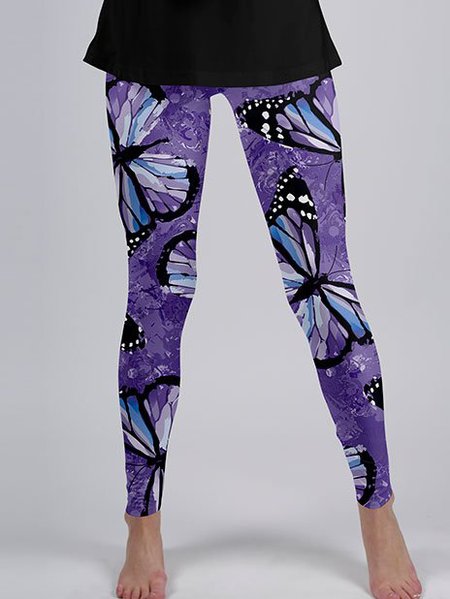 

Butterfly Skinny Elastic Waist Printed Leggings, Purple, Leggings
