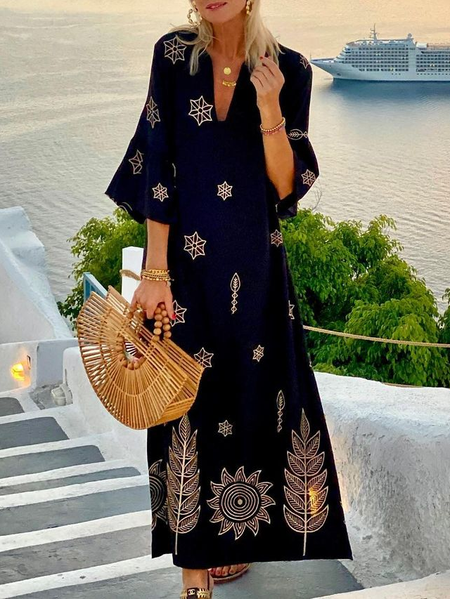 

Casual V Neck Flare Sleeve Dresses, Black, Maxi Dresses