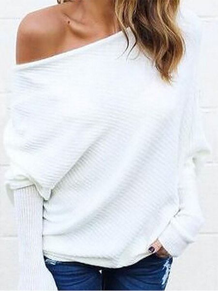 Boat Neck Vintage Cotton Blends Tops, White, Tops