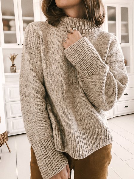

High Neck Long Sleeve Solid Classic Knitting Pattern Sweater, Khaki, Sweaters & Cardigans