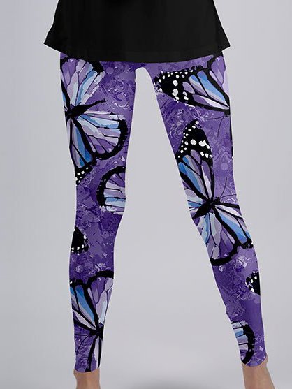 

Butterfly Skinny Elastic Waist Printed Leggings, Purple, leggings