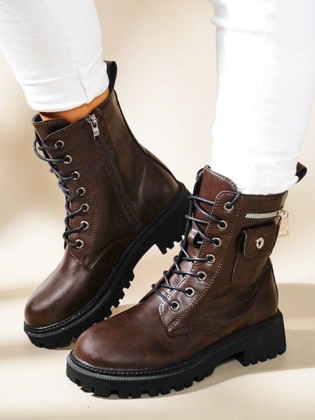 

Simple Retro Pocket Zipper Martin Boots, Brown, Boots