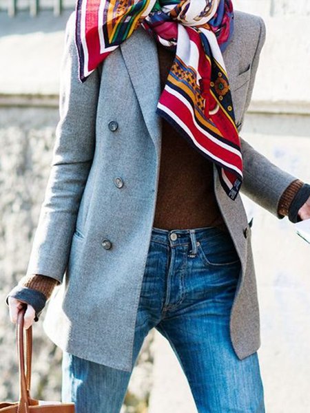 Lapel Regular Fit Plain Outerwear, Gray, Outerwear