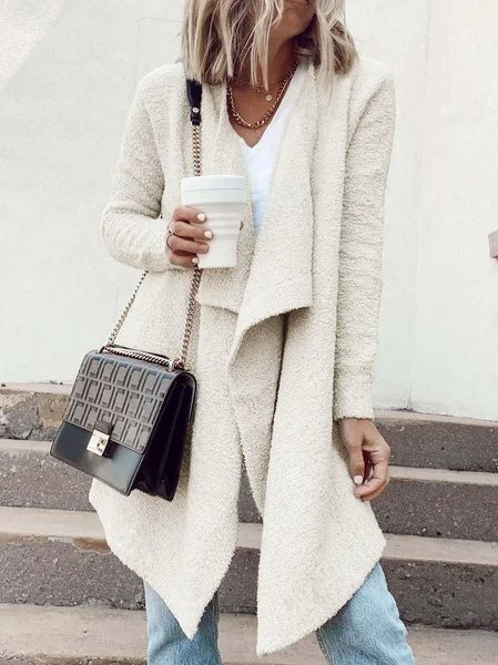 

Cotton Basic Shawl Collar Shift Outerwear, As picture, Outerwear