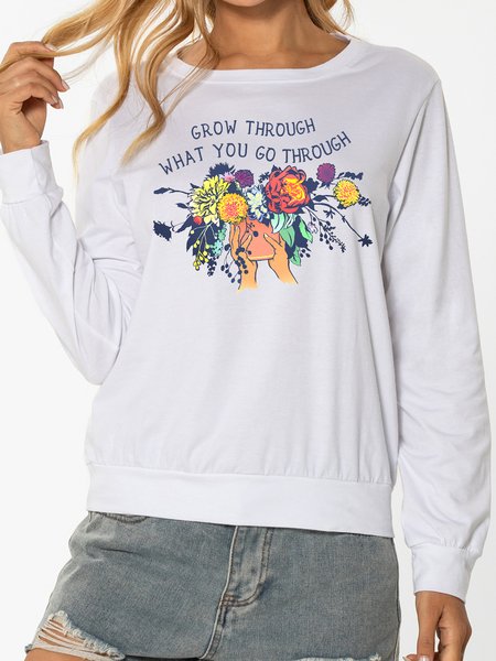 

Unocis Flower Print Round Neck Long Sleeve Sweatshirt, White, Sweatshirts