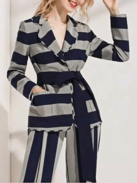 

Fall Elegant Striped Lapel Work Formal Long sleeve Outerwear, Stripe, Blazers