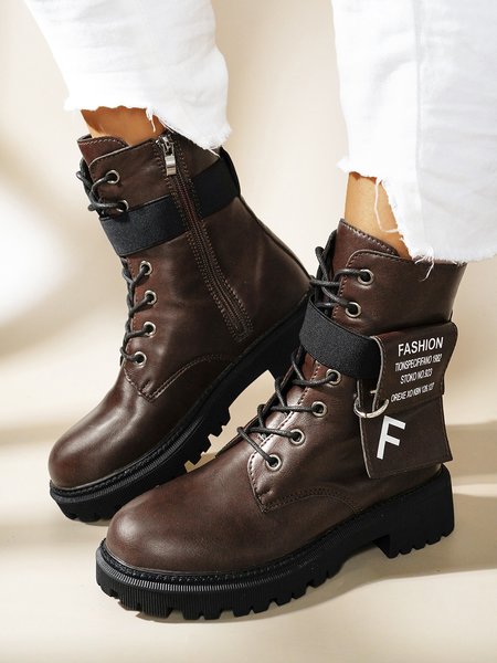 

Simple Letter Metal Round Martin Combat Boots, Brown, Boots