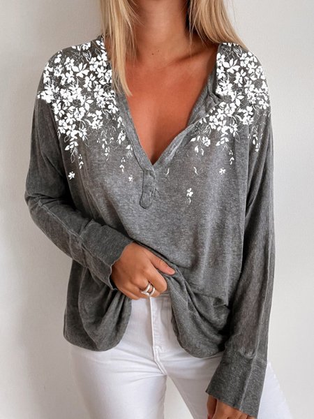

V Neck Casual Floral Tops, Gray, Long sleeve tops