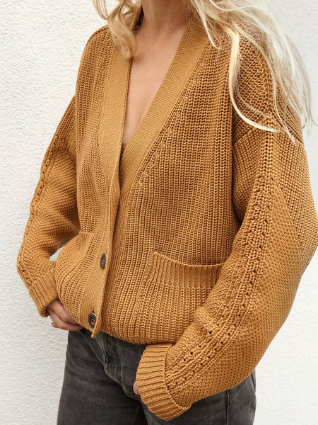 

Plain Casual Acrylic Outerwear, Yellow brown, Cardigans
