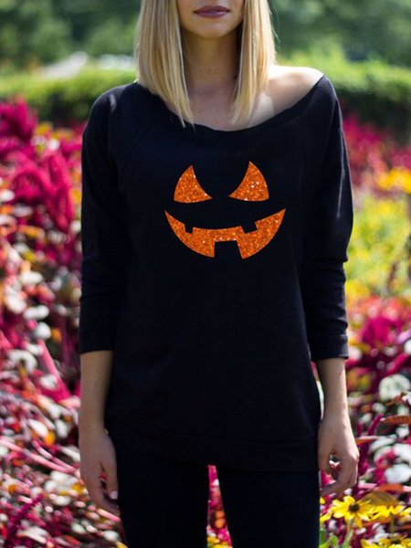 

Casual Long SLeeve Halloween Top, Black, Tops
