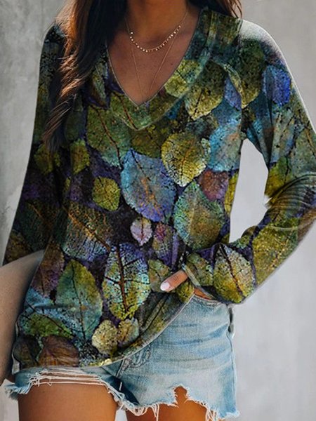 

Geometric Long sleeve West Styles/Cows V Neck Shirts & Tops, As picture, T-Shirts