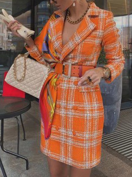 

Checked/Plaid Elegant Lapel Outerwear, Orange, Coats