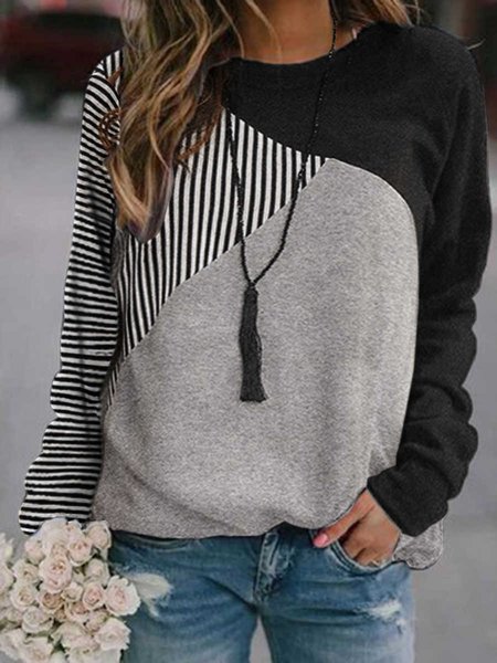 

Cotton Blends Casual Striped Sweatshirt, Gray, Hoodies & Sweatshirts