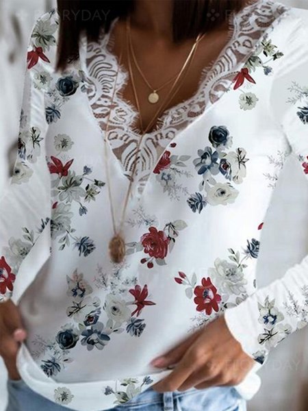 

Casuale Floreale Allentare Top, Bianco, Blouses & Shirts
