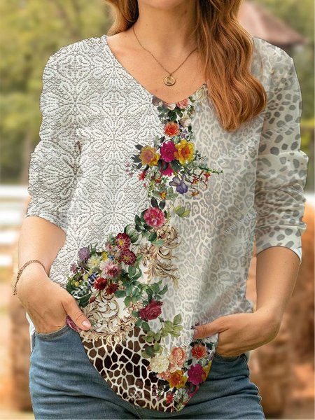 

Vintage Floral Leopard Elegant Tops, Multicolor, Long sleeve tops