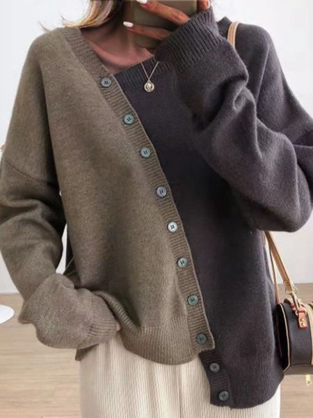 

Navyblue Coffee Color Block V Neck Elegant Sweater, Knitwear & Sweaters